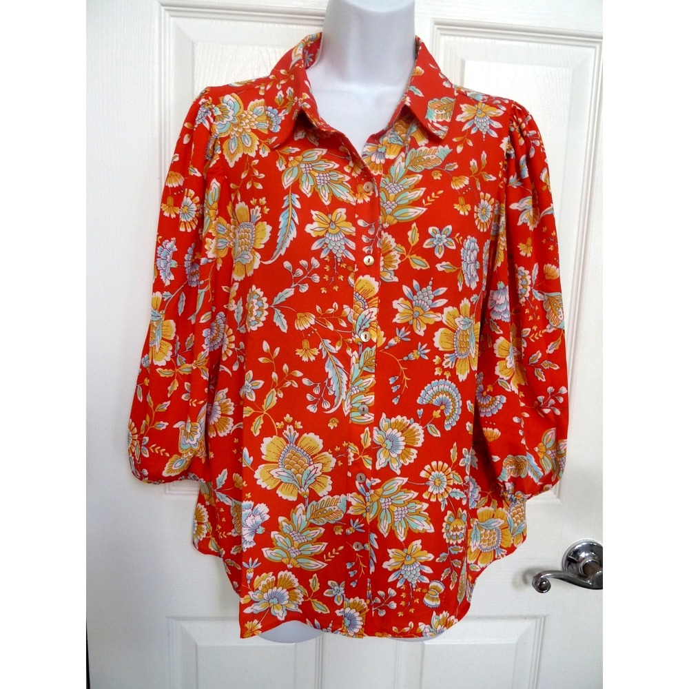 Nanette Lepore Women Medium Orange Floral Balloon Sleeve Career Blouse Top